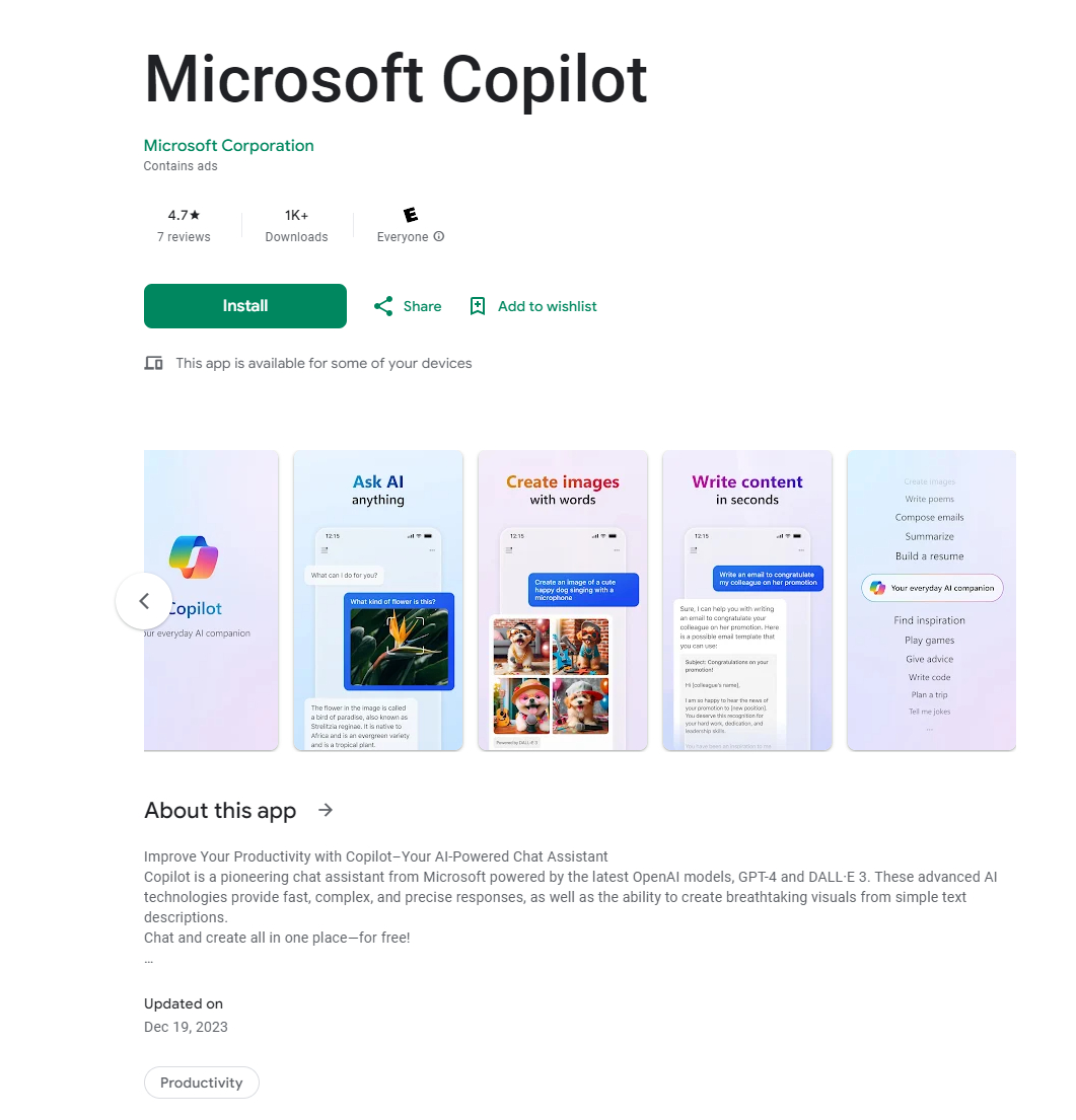Microsoft Copilot 已经上架 Play 商店，由 GPT-4 驱