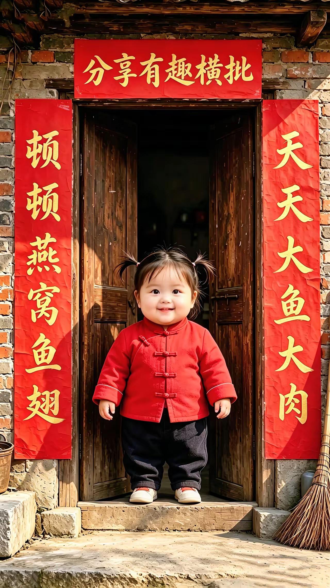 这小女孩太幸福了，天天大鱼大肉，吃得圆胖胖的，爷爷为她写了副对联，横批一直空着，