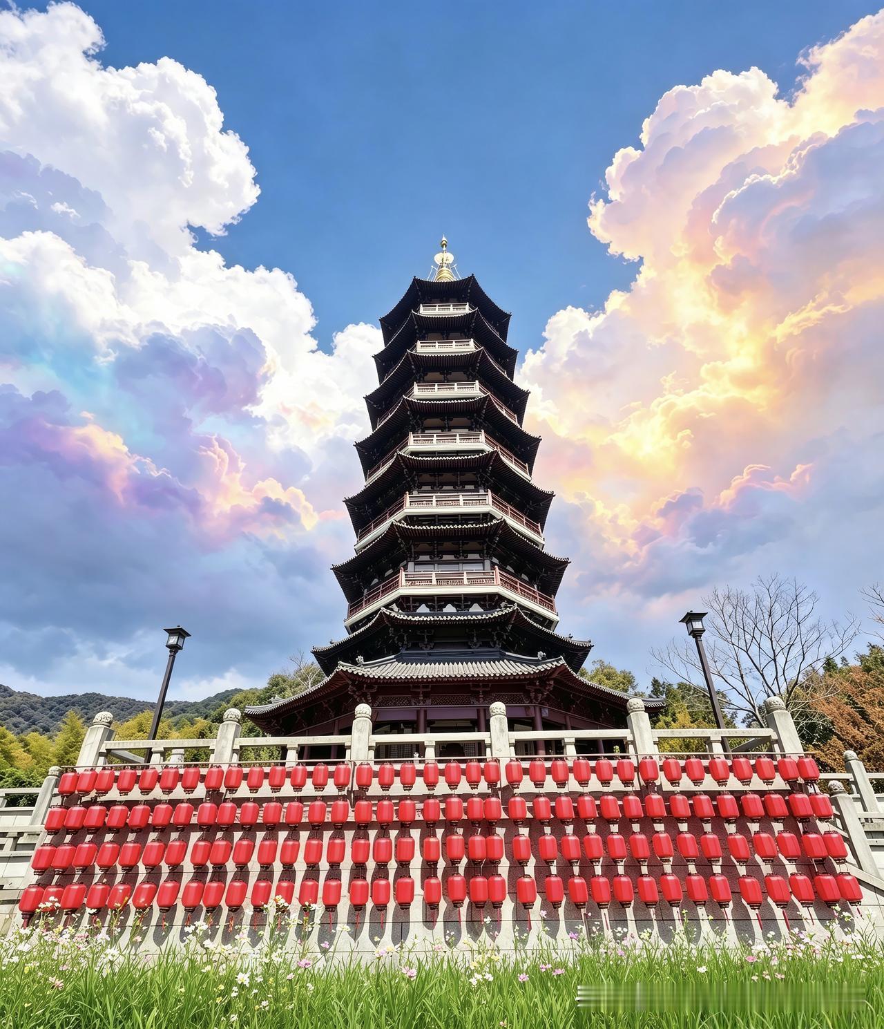 晴光铺满天童山，九层万佛塔立在天地之间，飞檐层叠，朱木衬着金顶，沉稳又庄重。
 