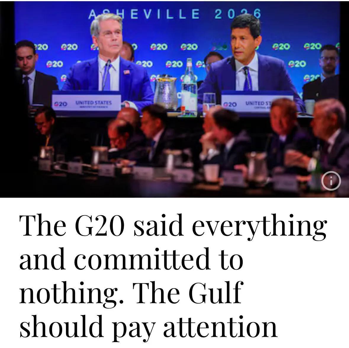 快讯： 主要参与国反对，G20财长和央行行长会议未能就联合公报达成共识。

二十