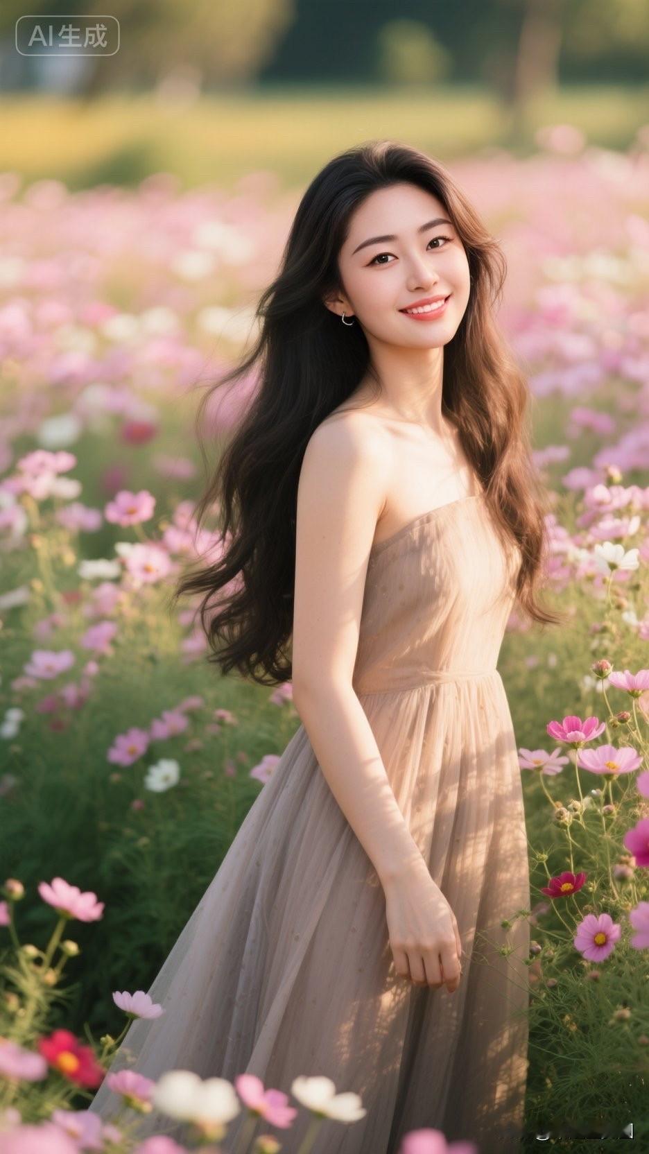 一个穿白色裙子的女孩站在花田里。