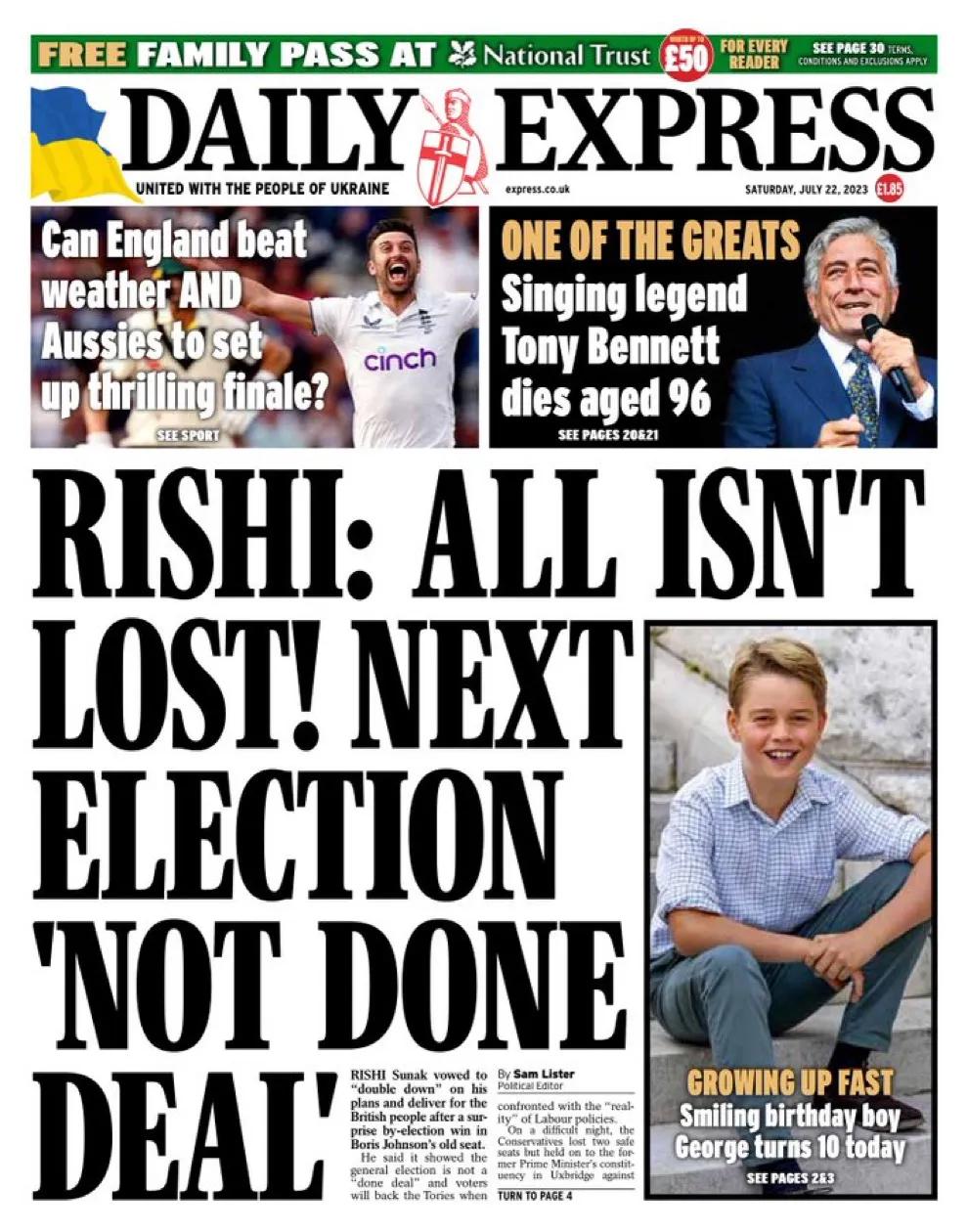  《每日快报》在头版刊登照片报道，英国排名第二的王位继承人、威廉王子夫妇的长子乔