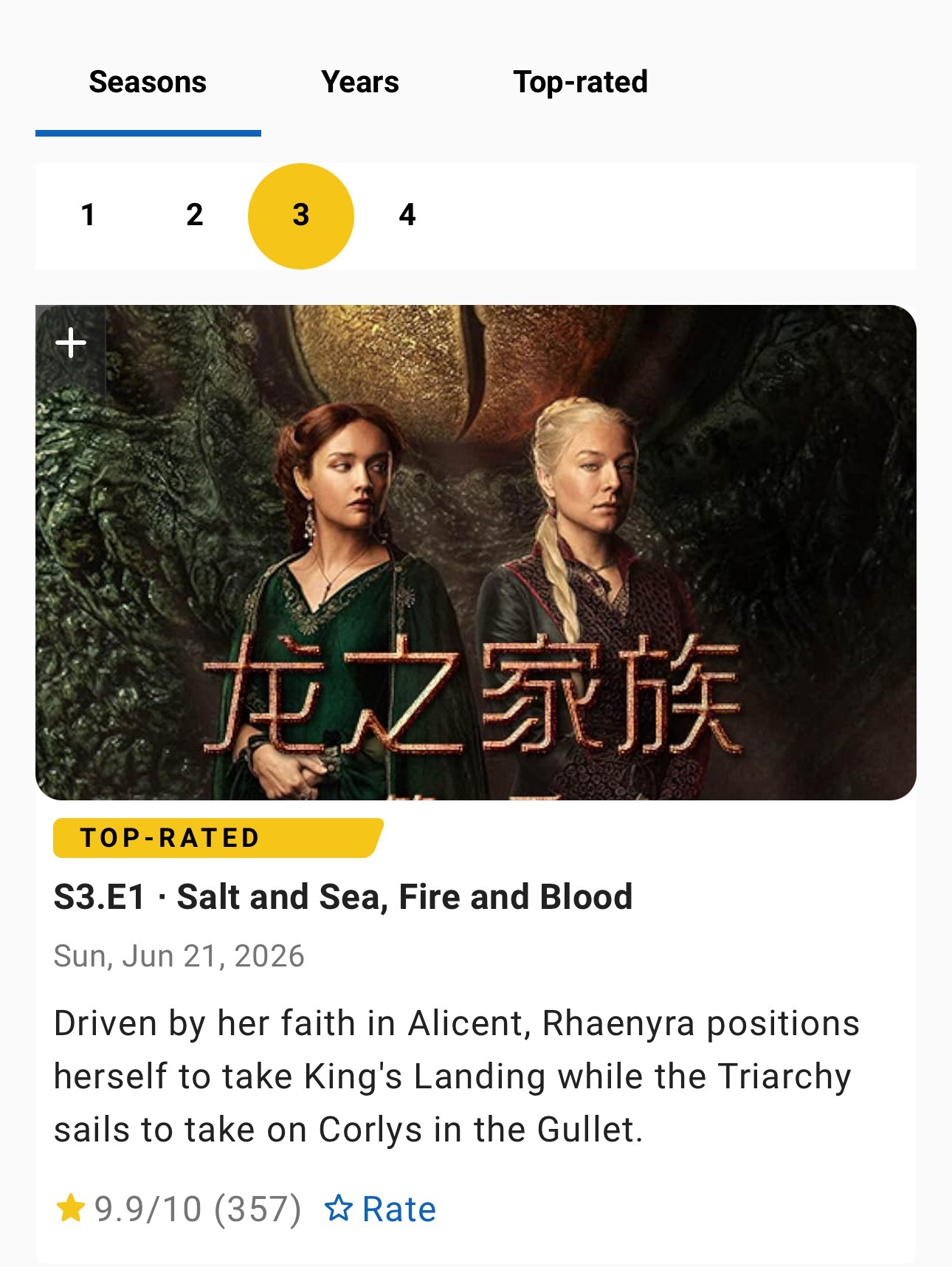 《龙之家族》第三季第一集目前IMDb单集评分9.9 