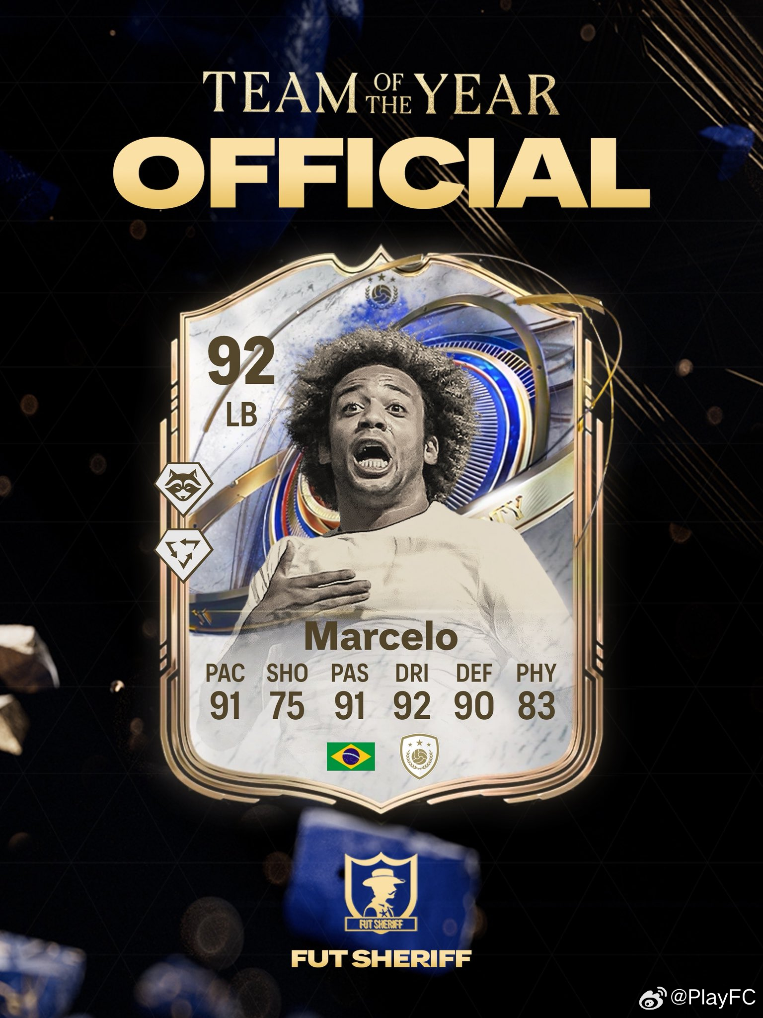 TOTY传奇马塞洛的正式数据。将会通过SBC推出。FC26