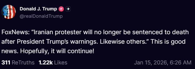 🐖特朗普:“福克斯新闻：在特朗普总统发出警告后，一名伊朗抗议者将不再被判处死刑
