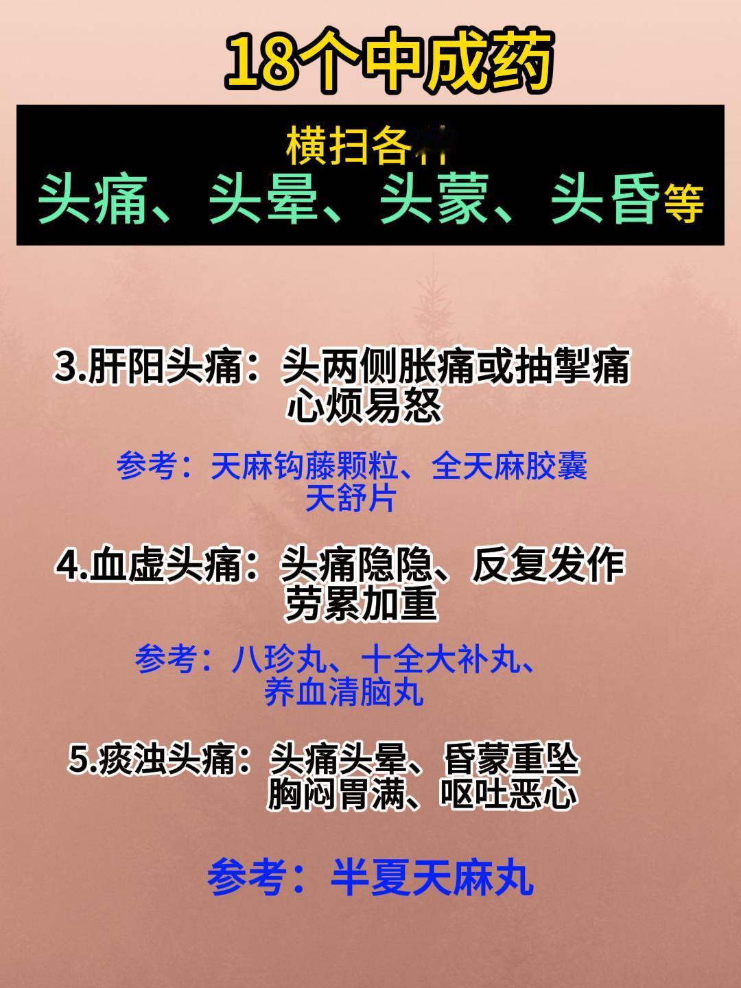 18个中成药，横扫各种头痛、头晕、头蒙、头昏等，建议收藏保存起来，一定会能用得到