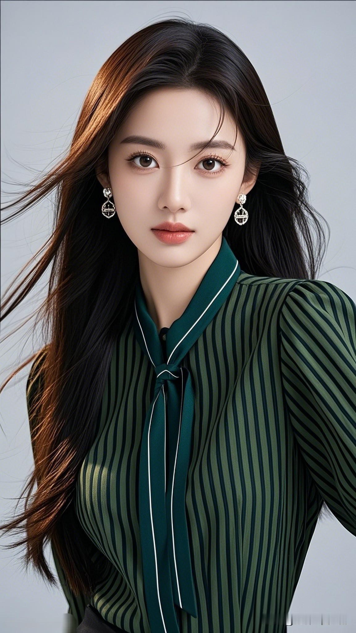 绿衣美人，风姿绰约。一眼沦陷的神级美图 优雅绿条纹衬衫，气质女神范儿