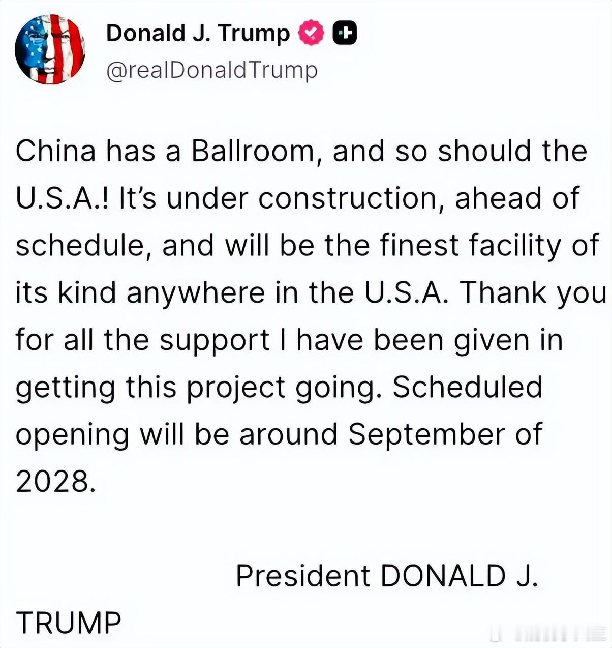 特朗普要修美国版人民大会堂特朗普这波直接对标中国！发推说“中国有宴会厅，美国也该
