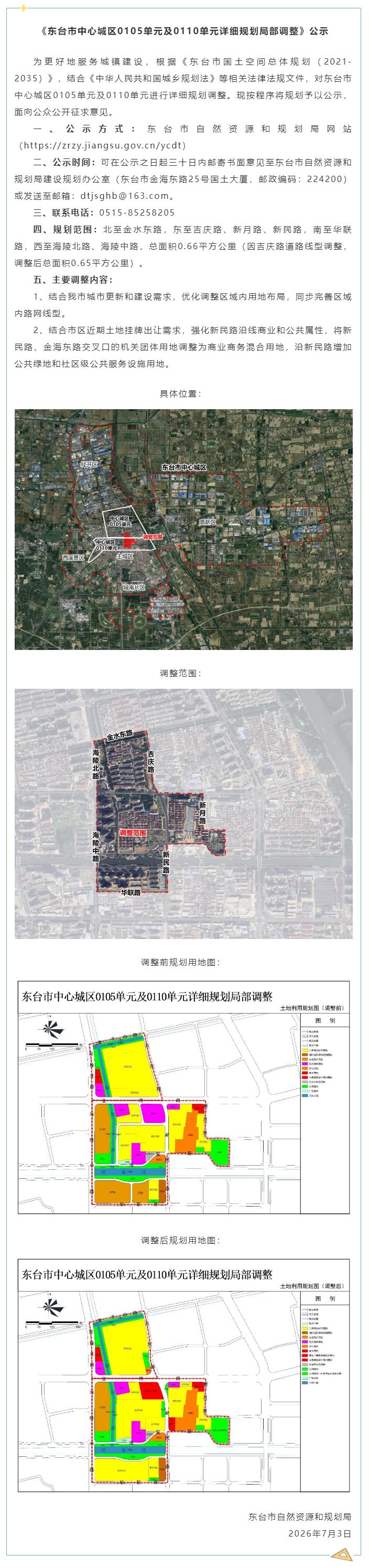 东台发布公示，对市中心城区0105、0110单元详细规划局部调整，规划范围北至金