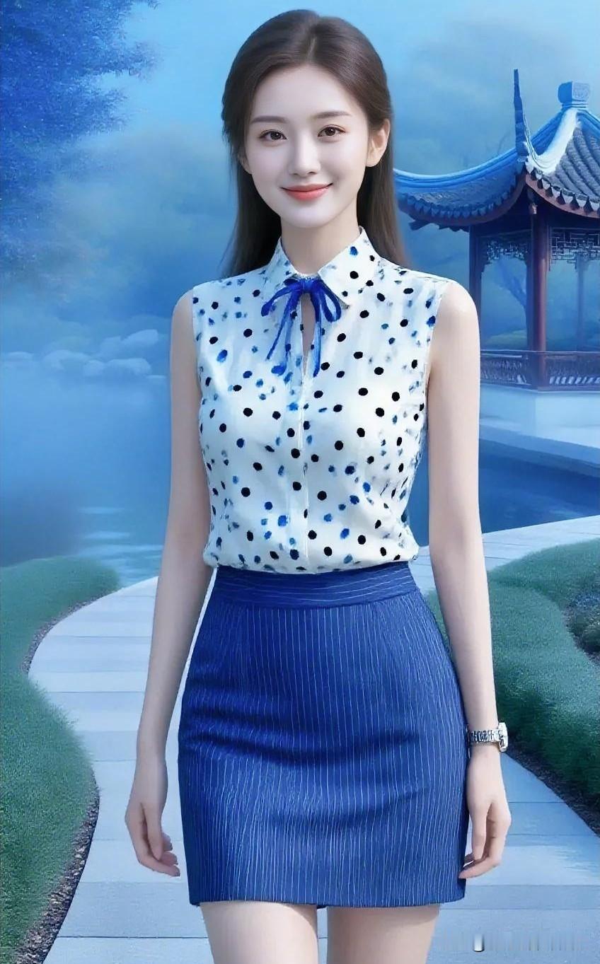 烟雨江南，画桥烟柳。一袭白底蓝斑上衣，恰似水墨点染的清雅；深蓝细褶短裙，摇曳生姿