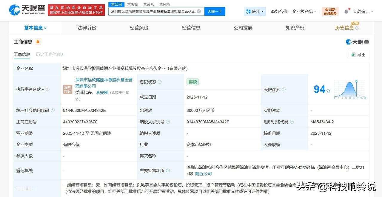 【深圳新型储能产业基金等成立智慧能源私募基金 出资额3亿】
天眼查工商信息显示，