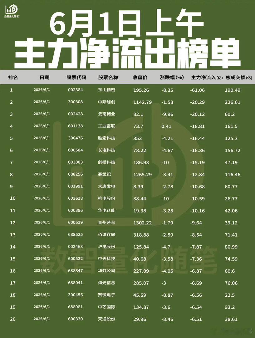 【6月1日上午主力净流入流出榜单出炉🔥】: 今日上午主力资金从光模块、算力及资