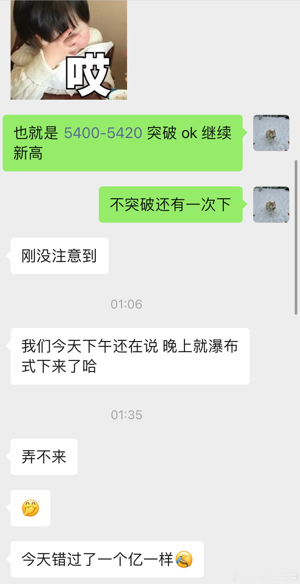 昨天及时的提醒。5420 不突破就还有一轮下，但是并不是恐慌的理由。现在的情绪化