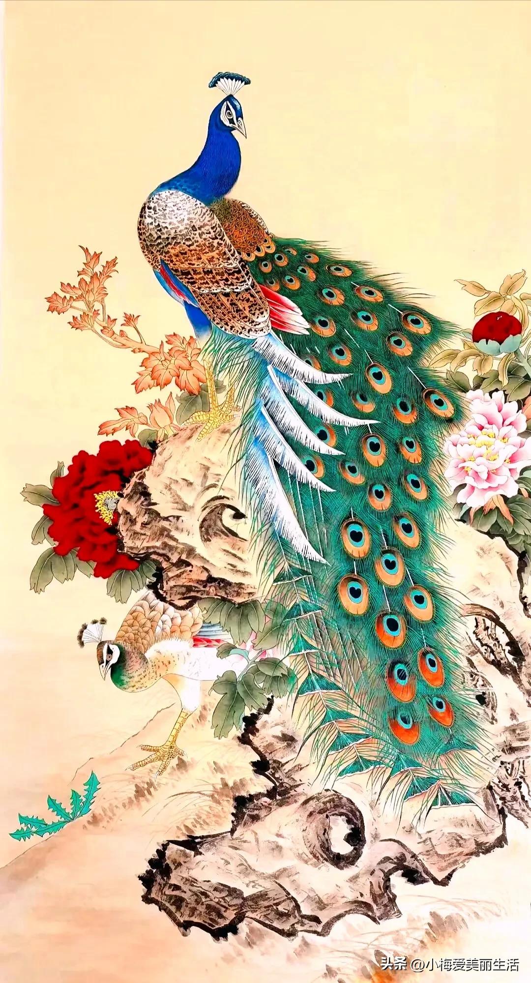 孔雀开屏展华彩，锦绣春光满画卷。