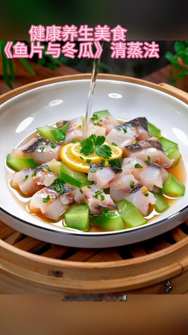 🐟翡翠白玉的鱼和冬瓜，在蒸锅里跳起了温柔的双人舞。龙利鱼片与冬瓜薄片错落叠放，
