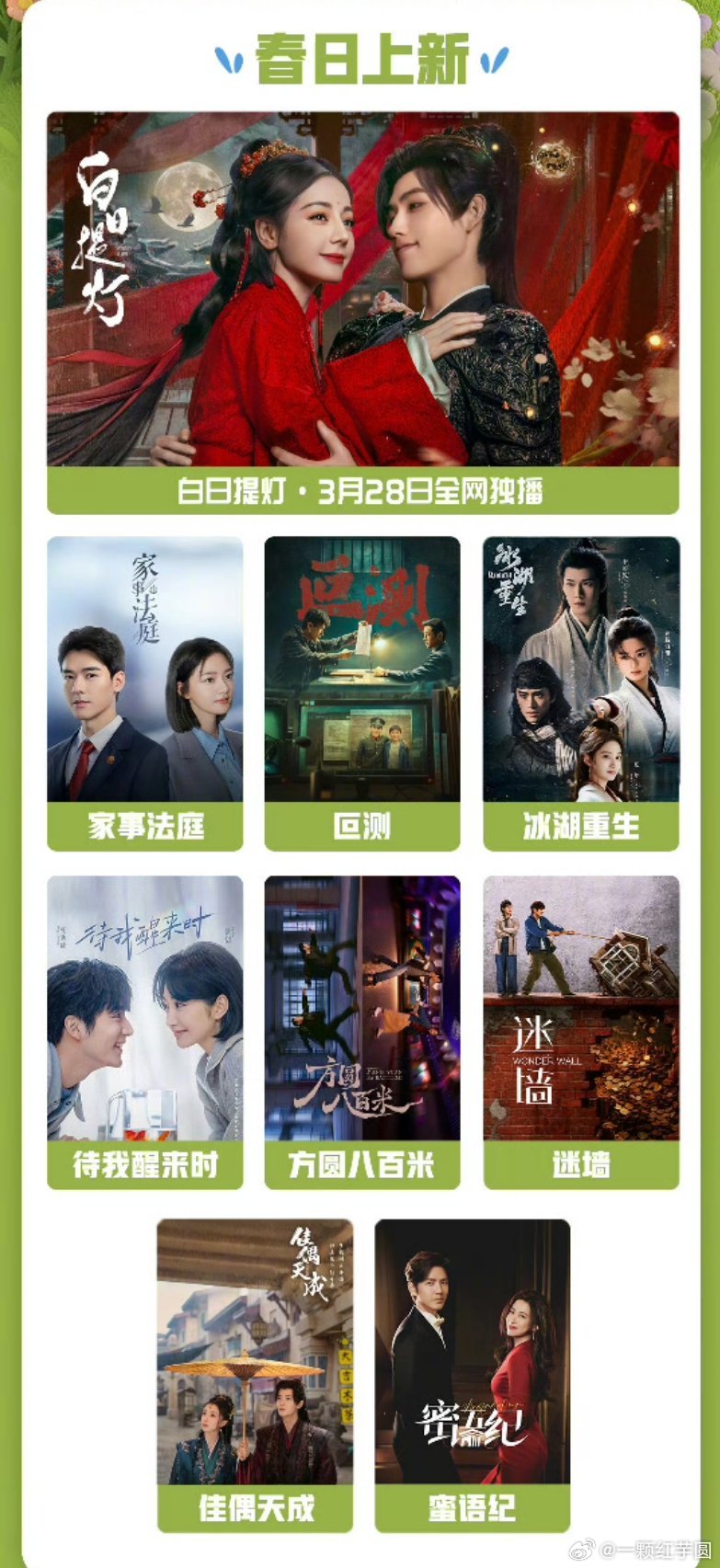 腾讯春日片单，有想看的吗？白日提灯，家事法庭，冰湖重生，方圆八百米，佳偶天成……