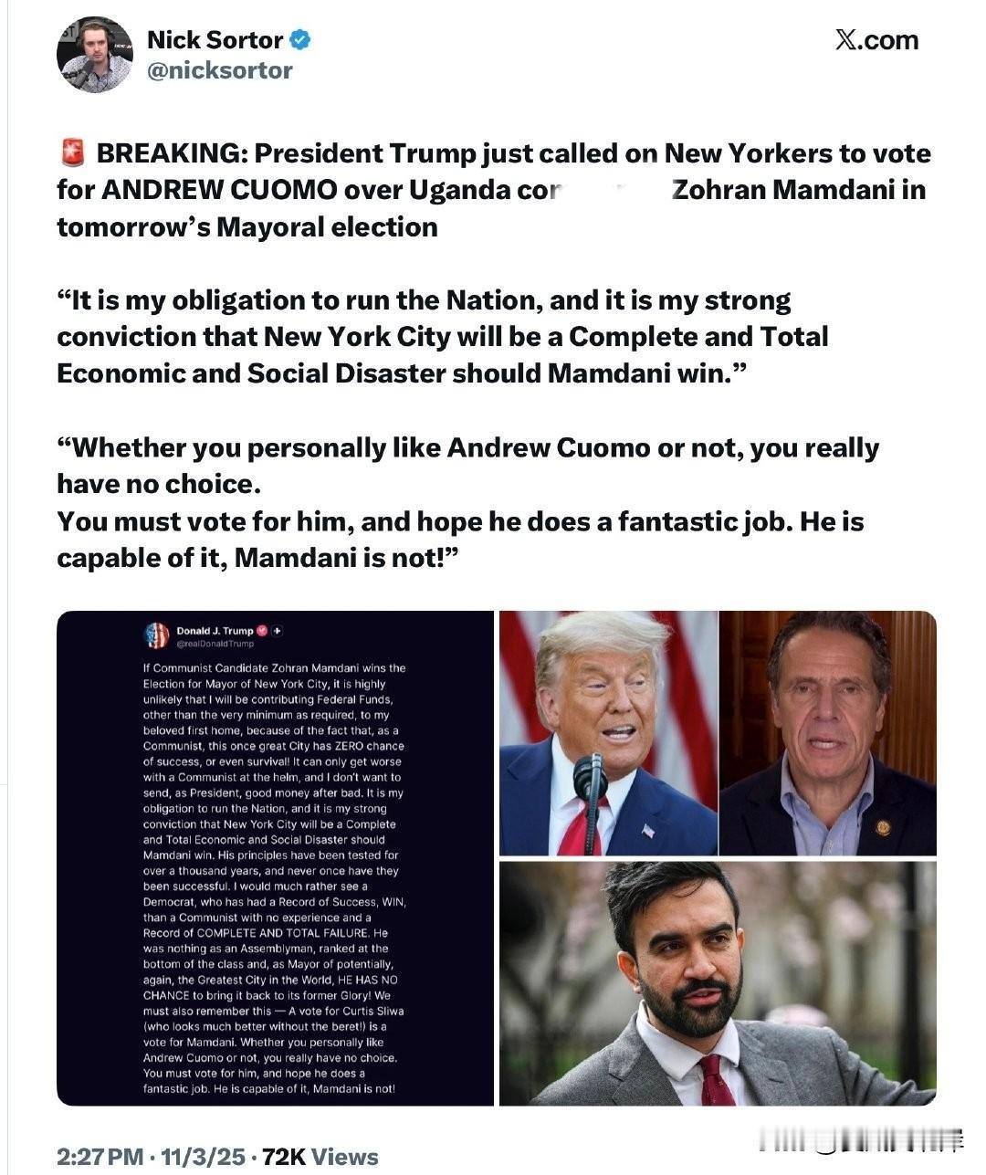 突发消息：川普总统刚刚呼吁纽约市民在明天的市长选举中投票支持Andrew Cuo