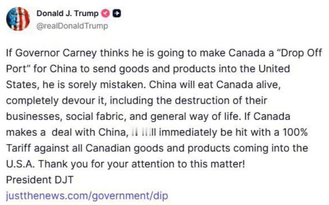 【特朗普威胁，加拿大若与中国达成协议，将被加征100%关税】1月24日，美国总统