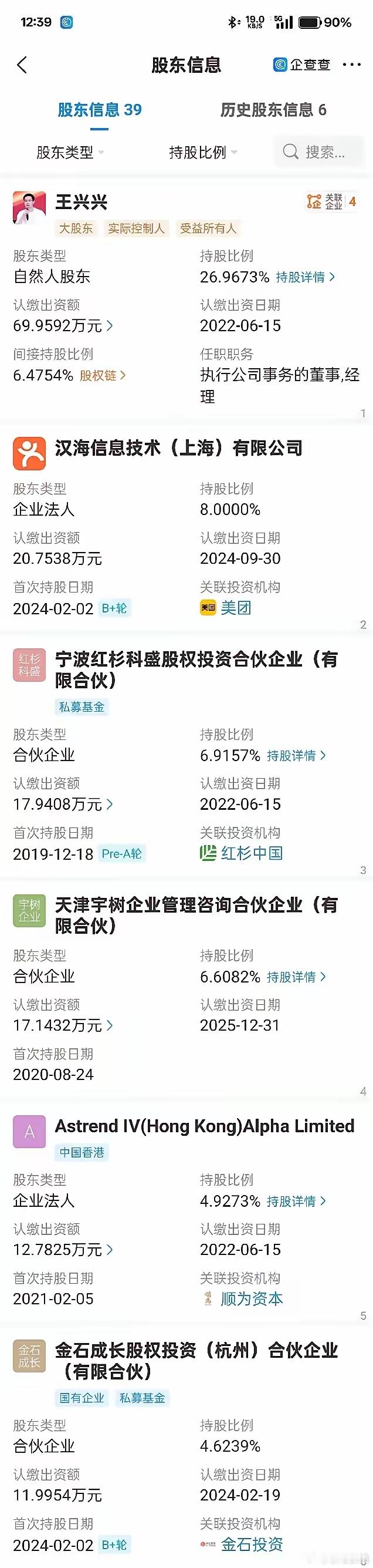 统计了宇树科技的股东数量，一共39个股东，可见股权非常分散，如果时间倒退到202