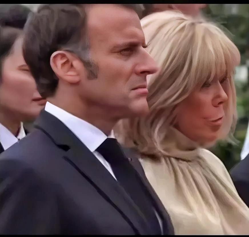 观看表演的马克龙，布丽吉特两个人表情都很严肃，估计再美的表演都没看进去，满脑子还