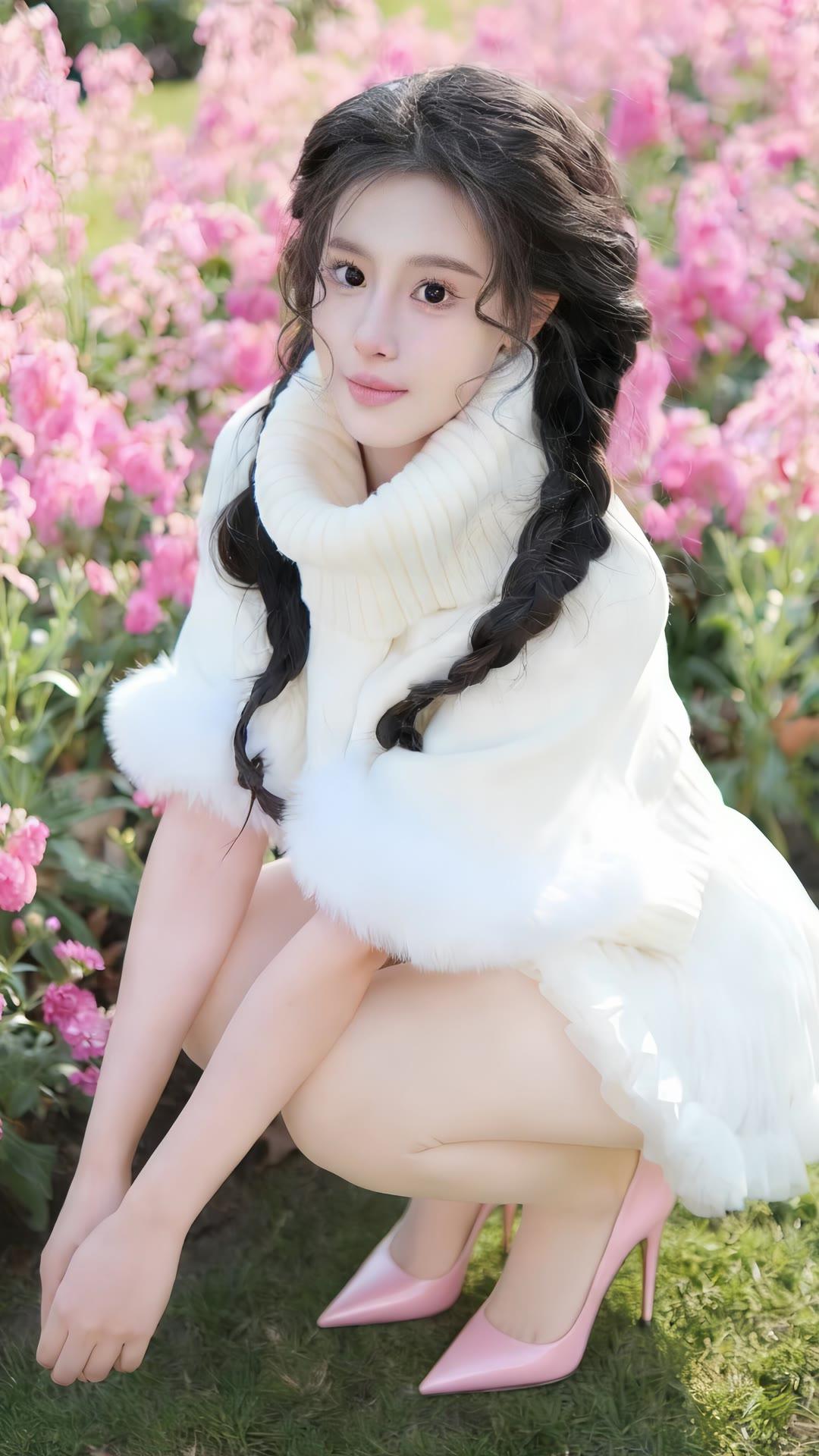 粉嫩花海中的甜美少女，温柔微笑，宛如春日暖阳。🌸💖