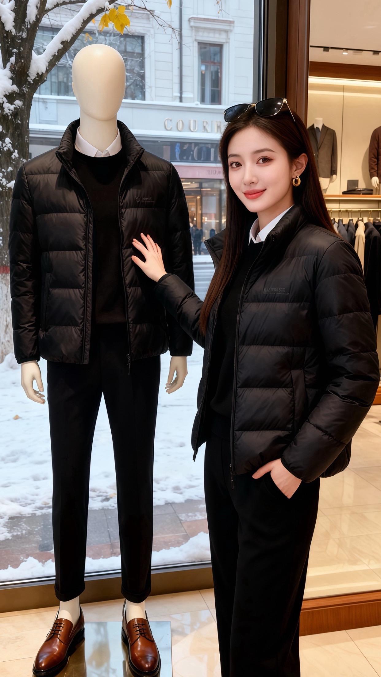 冬夜的咖啡馆里，她裹着那件黑色轻羽绒立领外套推门而入时，落雪都慢了半拍...