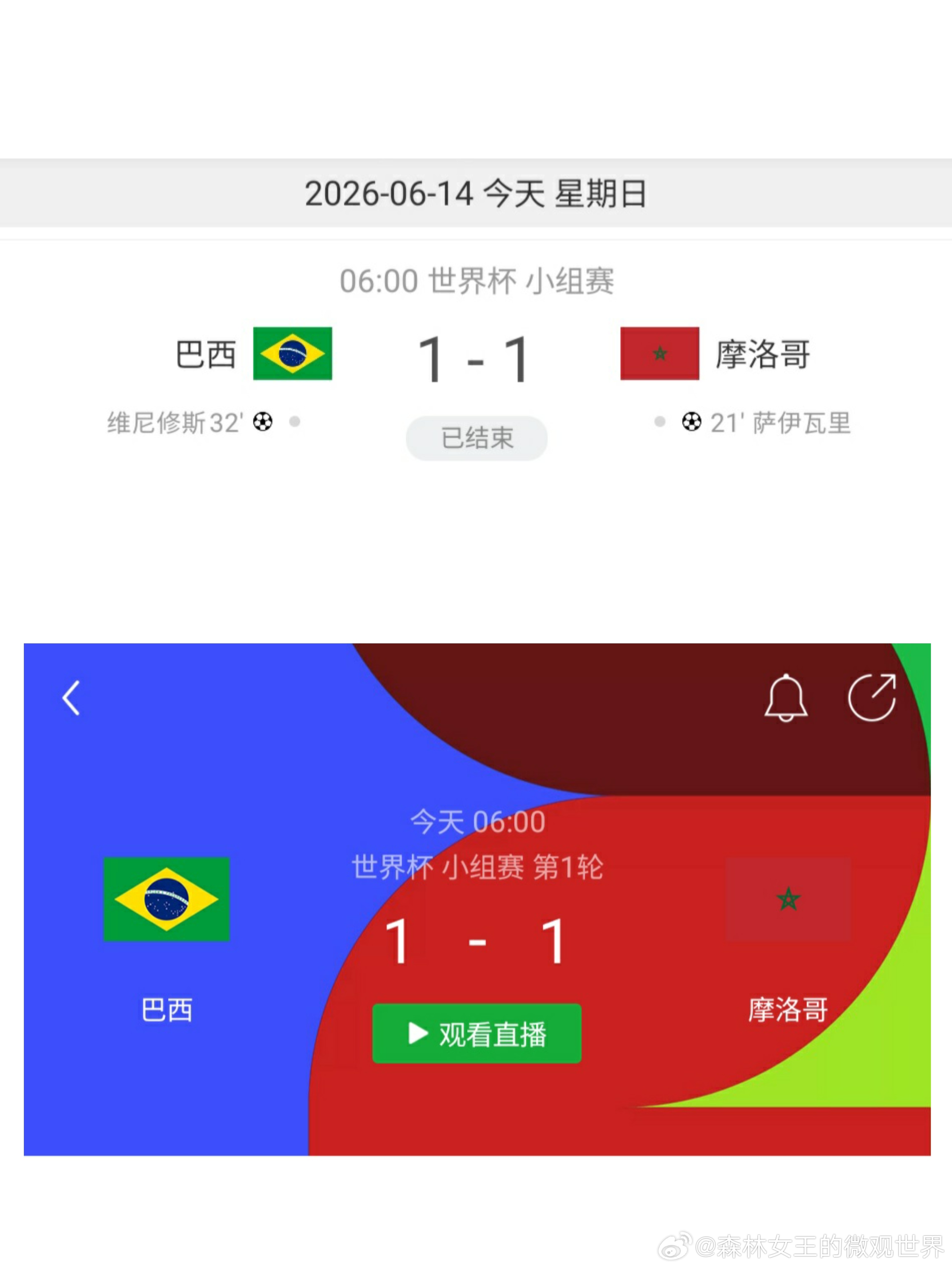 巴西1比1摩洛哥世界排名第6的巴西对阵世界排名第7的摩洛哥，属于近期世界杯小组赛