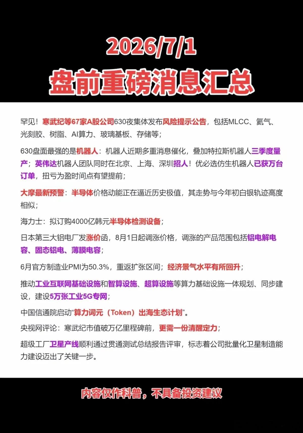 7.01周三  盘前：重要财经信息参考！1.寒武纪，等67家公司发布风险提示2.