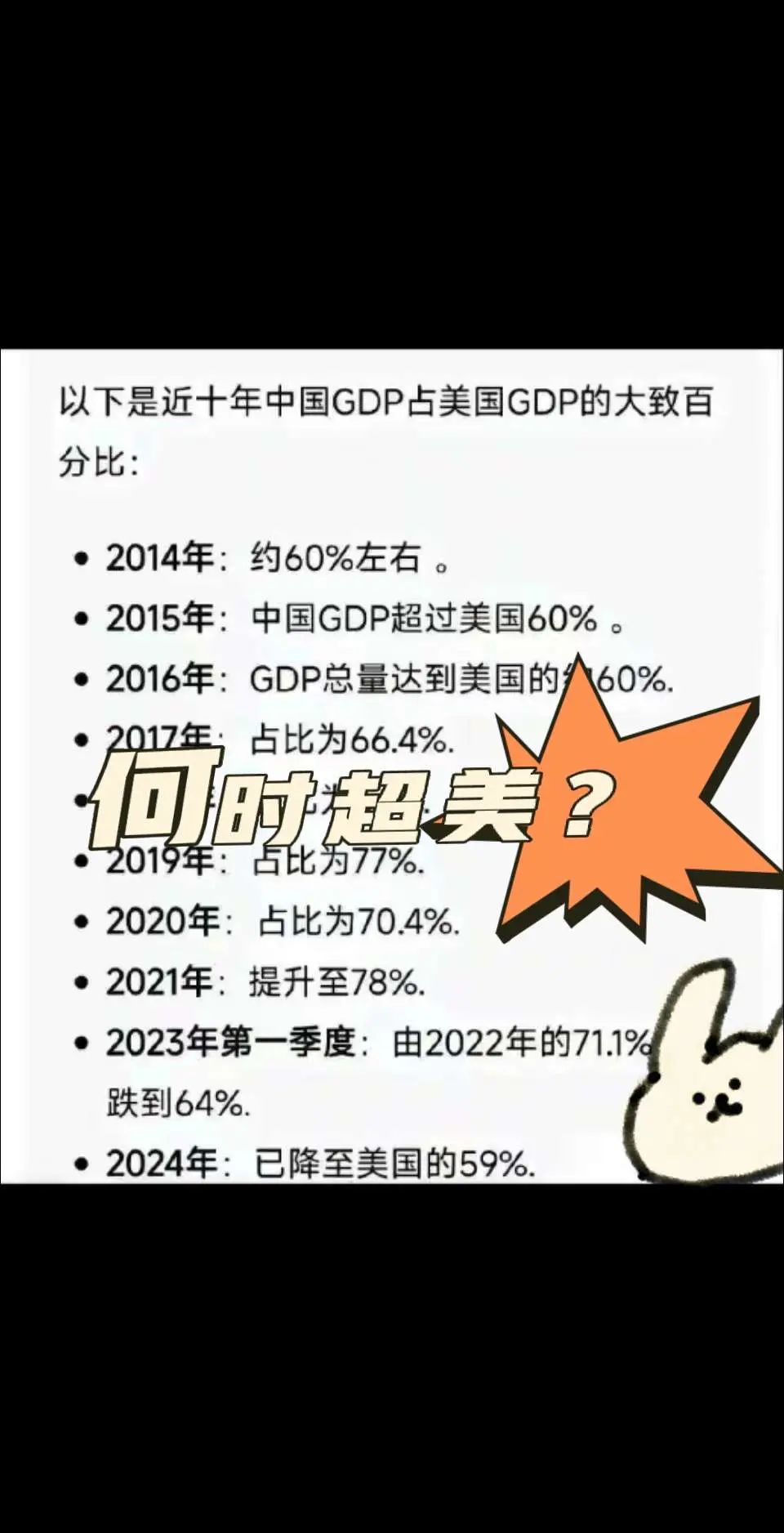 中国什么时候超美？中国占美国GDP比重近年来大幅下降。什么原因？什么时候反超