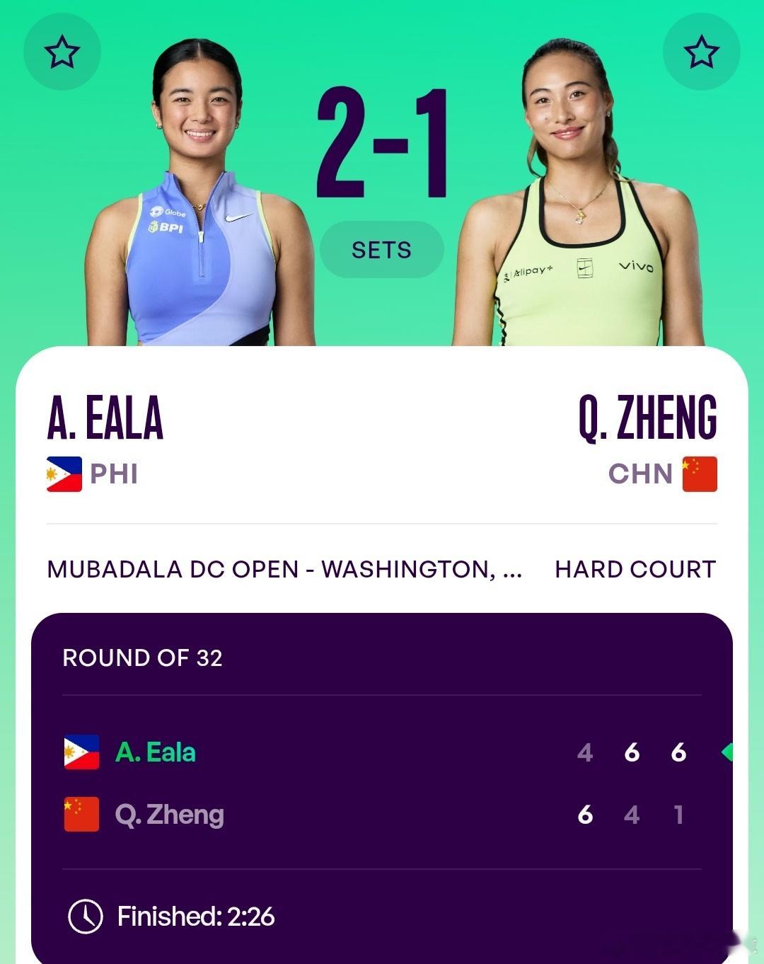 WTA500华盛顿站🇺🇸女单第1轮外卡参赛的郑钦文🇨🇳6-4/4-6/1