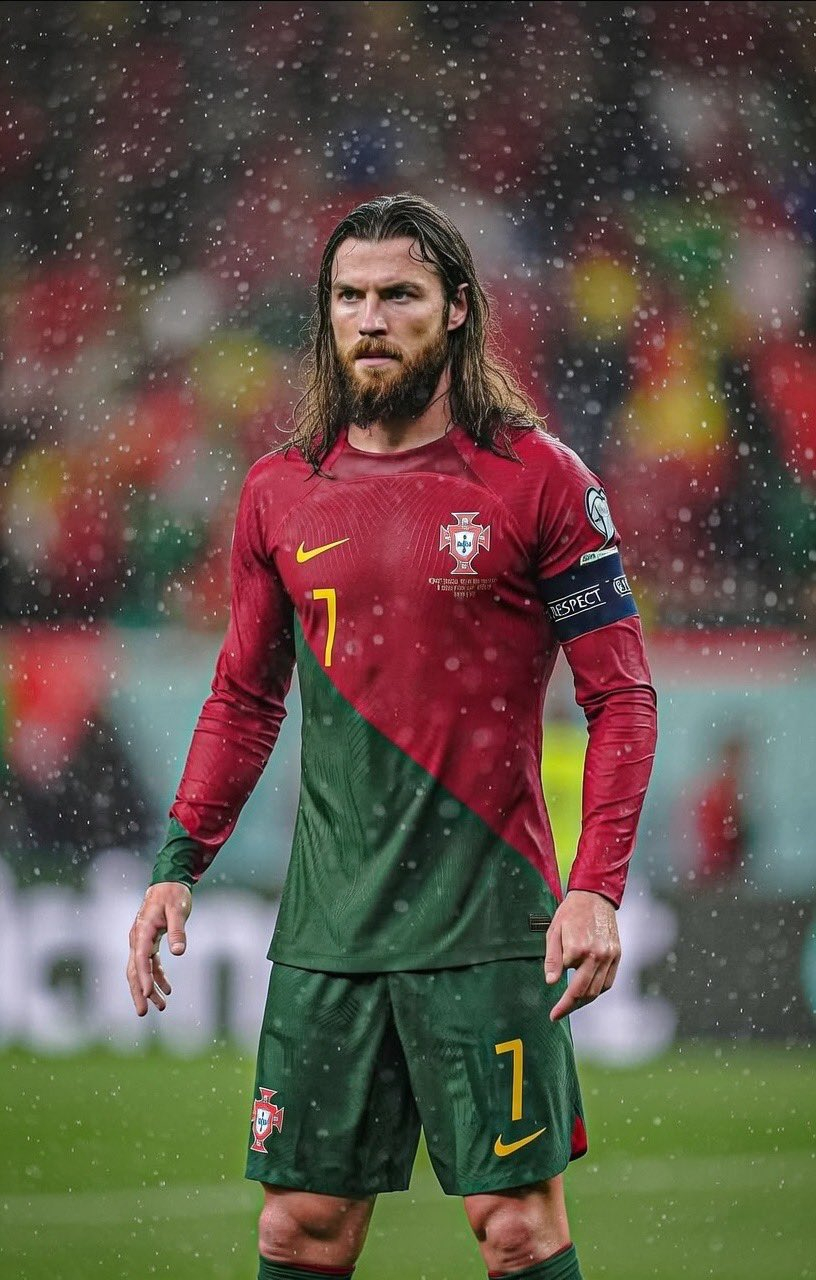 AI根据图1，把C罗变成长发长胡子的样子。 