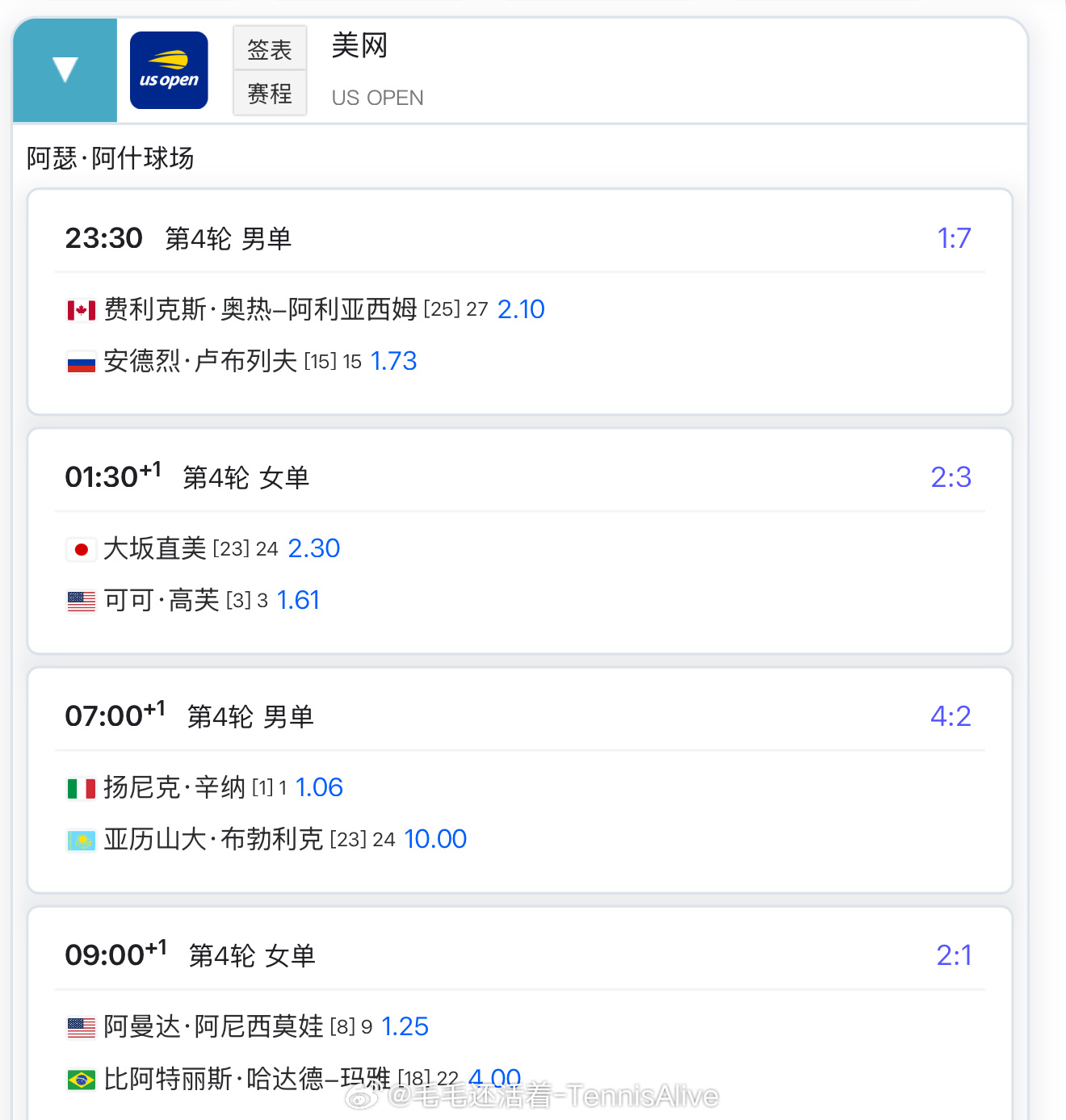 【9.1美网第9日比赛赛程+直播赛程】23:00德米纳尔vs列迪（阿姆斯特朗）2