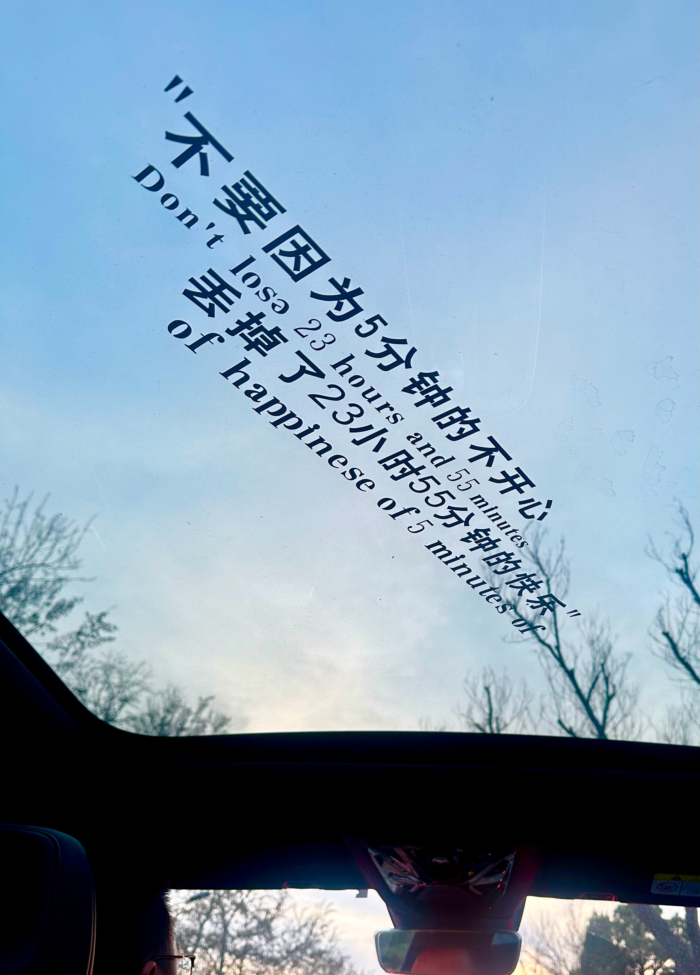 今儿打车一抬头，瞅见天窗上贴这话，给我整得心里老敞亮了！生活，啥坎儿过不去啊，抬