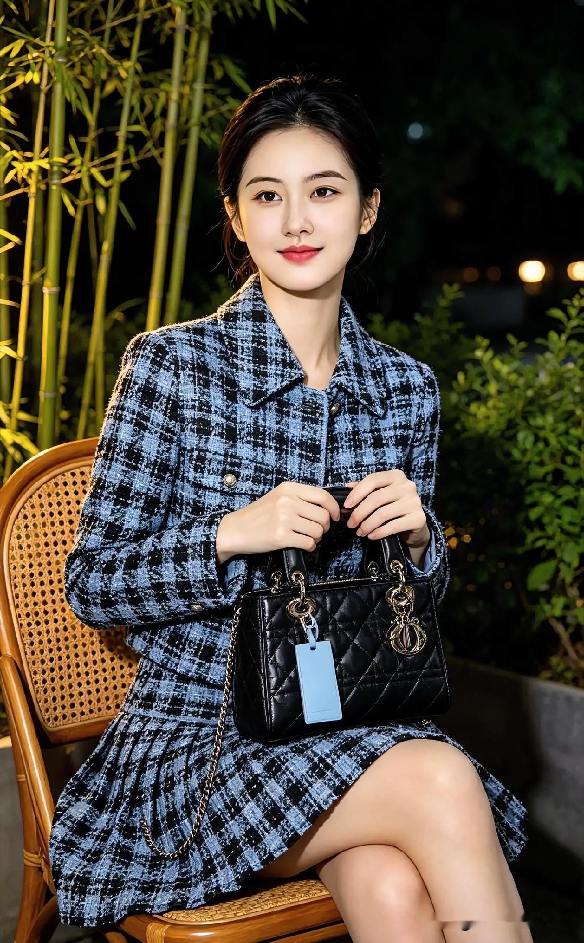 竹影摇翠夜生凉，蓝黑格纹织就温婉。藤椅轻倚，笑靥如兰，一袭优雅，在光影交错间静静