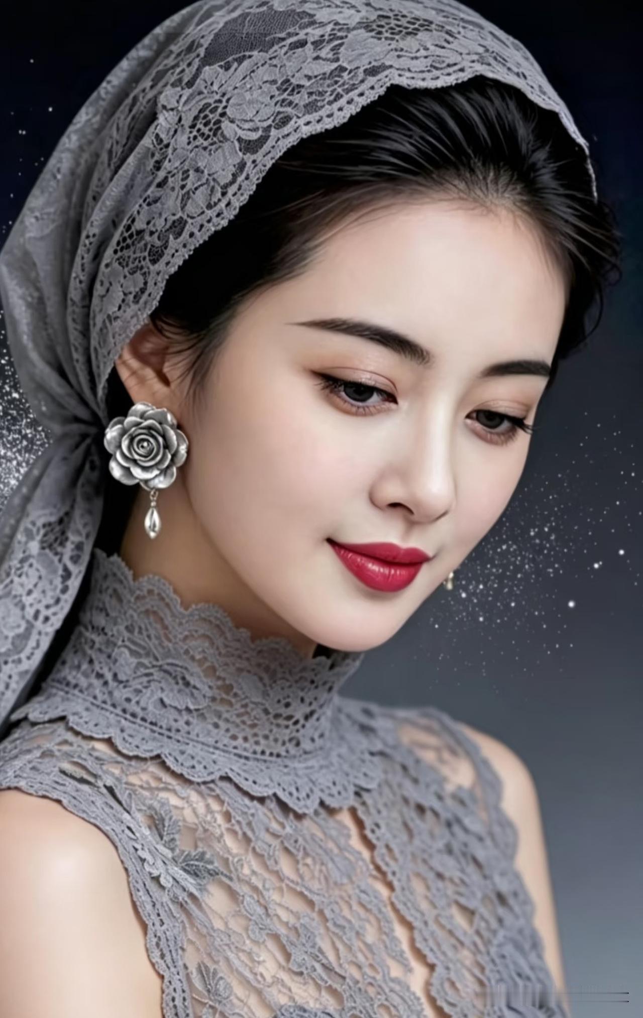 如梦令·素巾凝韵
 
灰绡轻绾芳尘，银花暗缀清痕。
低眸含幽婉，一点丹唇温存。