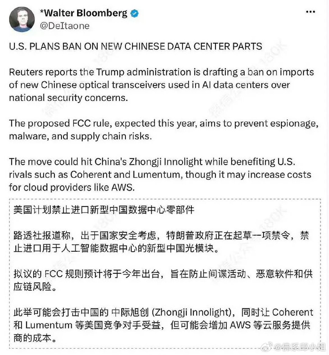 禁用中国光模块，会直接拖累美AI建设。中际旭创1.6T市占率超50%，海外Lum