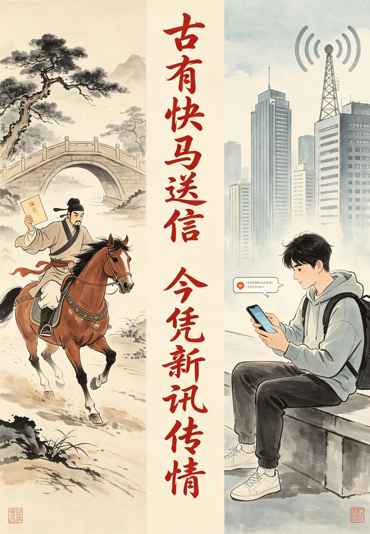 上联∶古有快马送信，请对下联今凭新讯传情