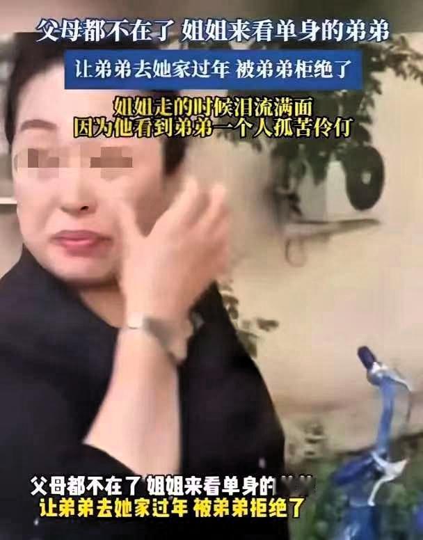 父母都不在了，姐姐来看单身的弟弟，让弟弟去她家过年被弟弟拒绝了。姐姐离开时泪流满