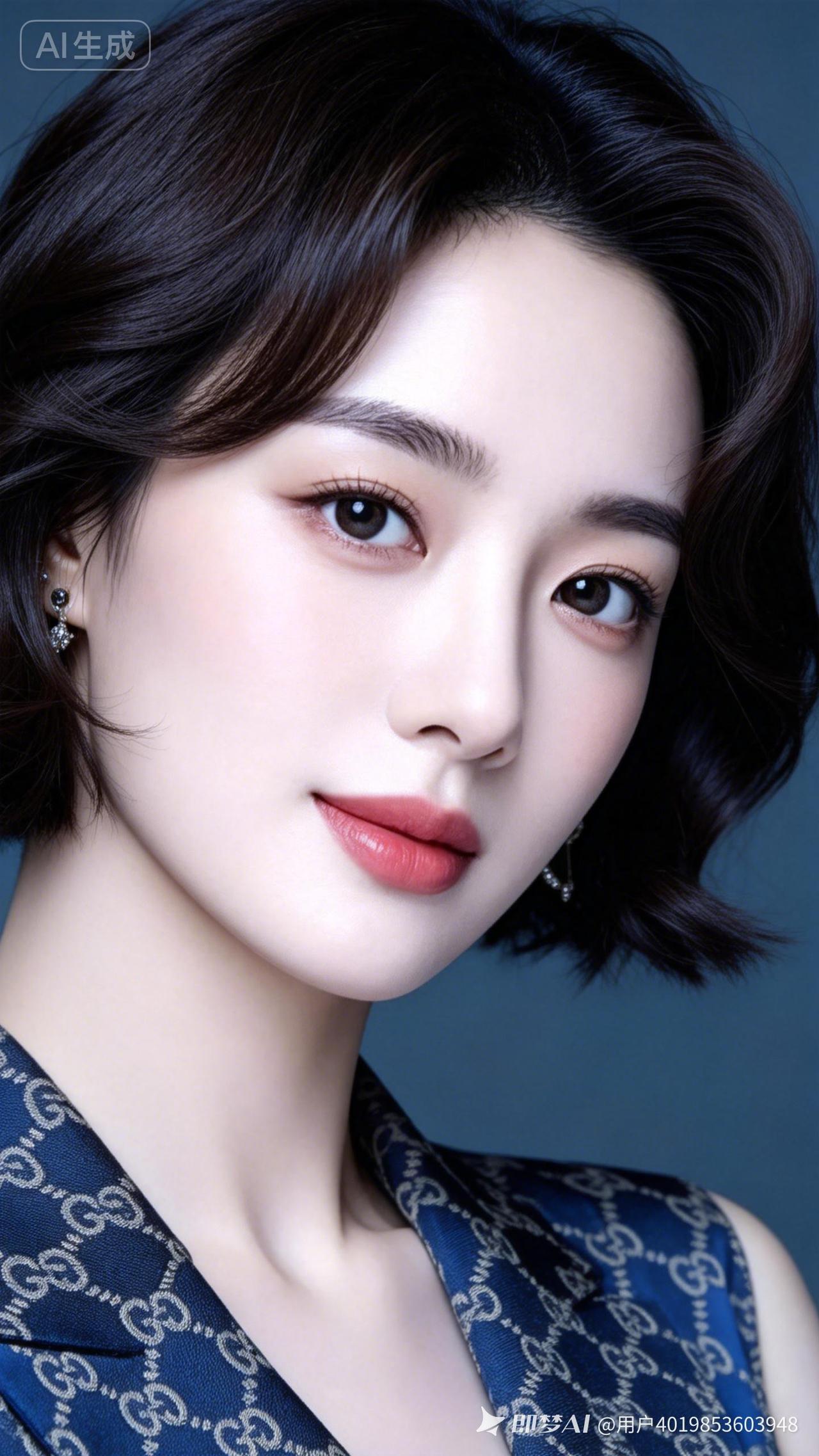 美女棕黑色齐耳短发微卷，单眼皮眼眸清冷绝美，高鼻梁精致立体。身着时尚品牌华服，佩