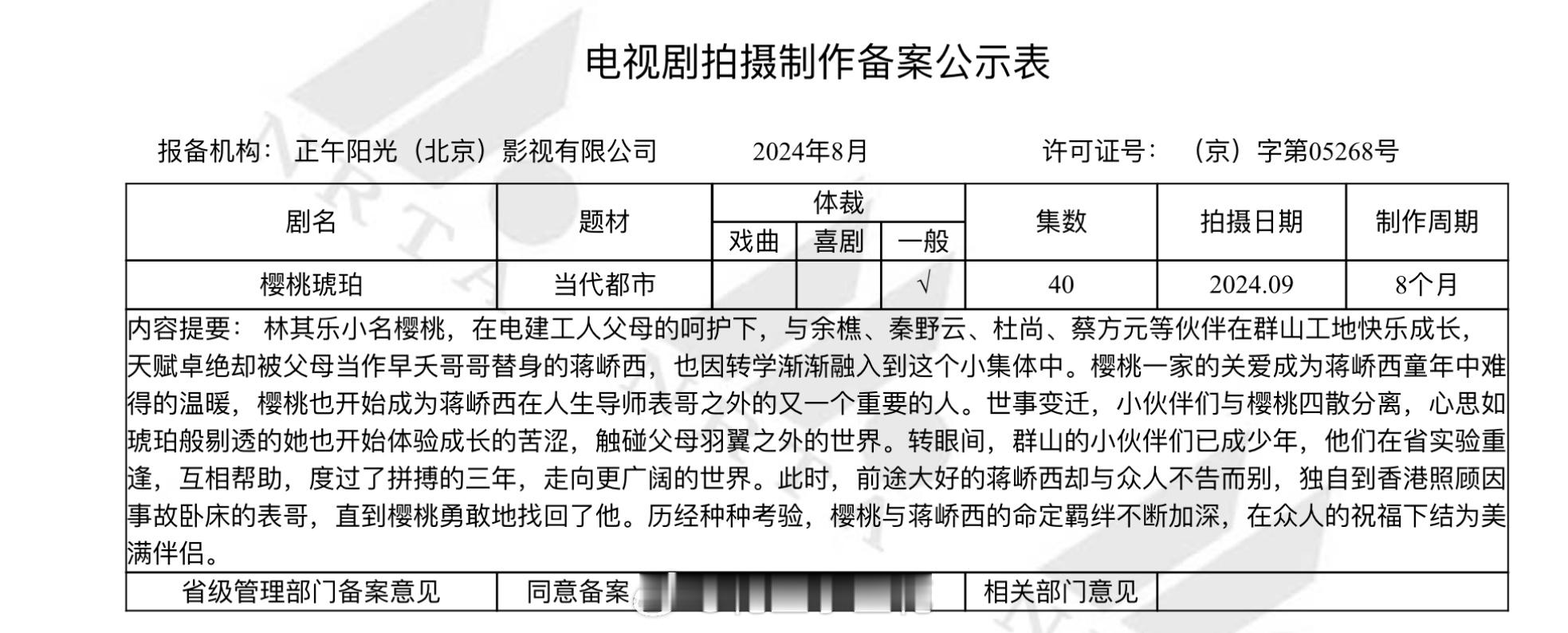 #樱桃琥珀备案# 电视剧《樱桃琥珀》备案报备：正午阳光主演：赵今麦、张凌赫集数：