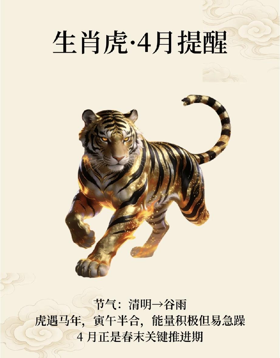 生肖虎4月：寅午半合的春末，别让急躁拖了后腿
 
2026马年，生肖虎迎来寅午半