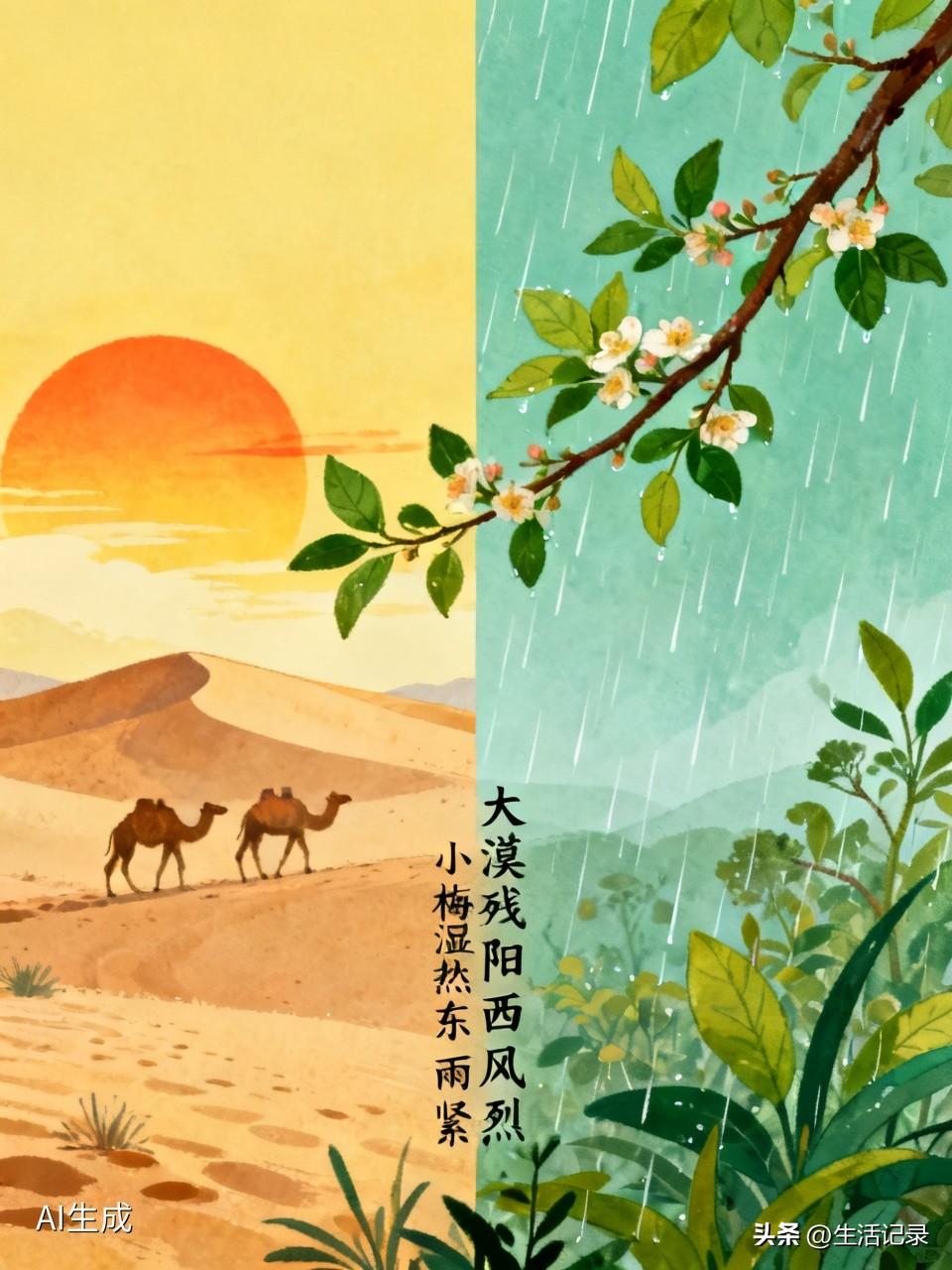 “大漠残阳西风烈，小梅湿热东雨紧”，这一对比很妙！上联有大漠、残阳、西风，勾勒出