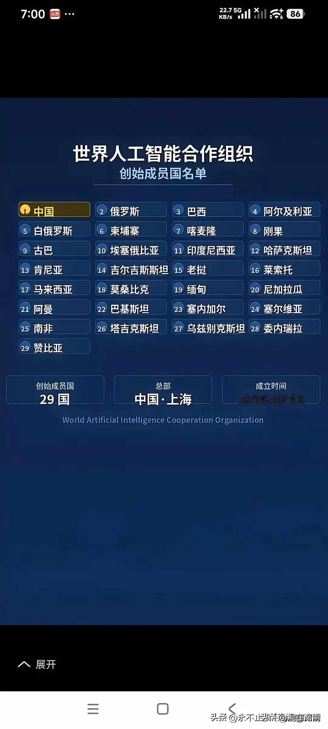 世界人工智能合作组织创始国清单，能够加入都是世界的精英！之后再想加入肯定不容易！