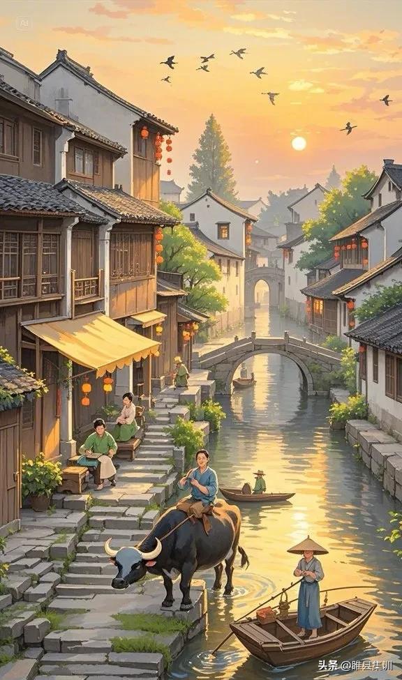 《鹧鸪天·过南浔古镇》
 
几处炊烟萦瓦白，数声渔笛隔溪回。
 
莲塘藕动珠飞溅