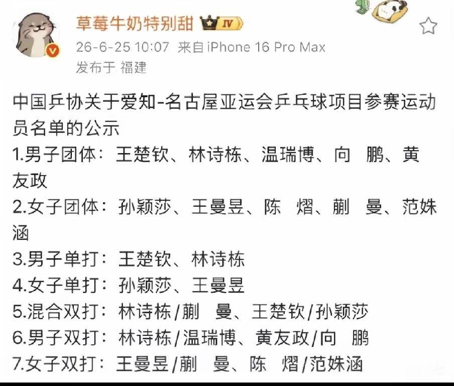 哇，看到草莓牛奶特别甜发的名古屋亚运会乒乓球运动员名单，心里五味杂陈。
这么多年
