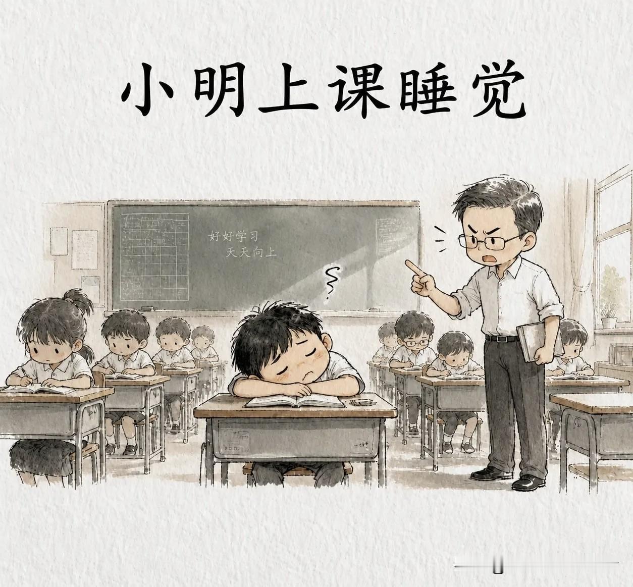 趣味漫画：小明上课睡觉，老师拍醒他。「你怎么在课堂上睡觉？」「老师我没睡，我在闭