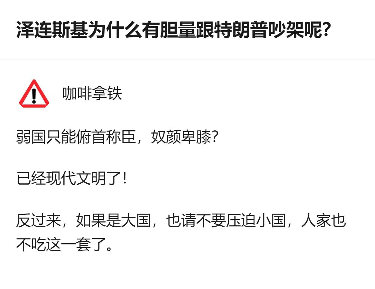 针对这个问题，回答里没有纠结泽连斯基的胆量，而是点出弱国不必一味俯首，现代文明下