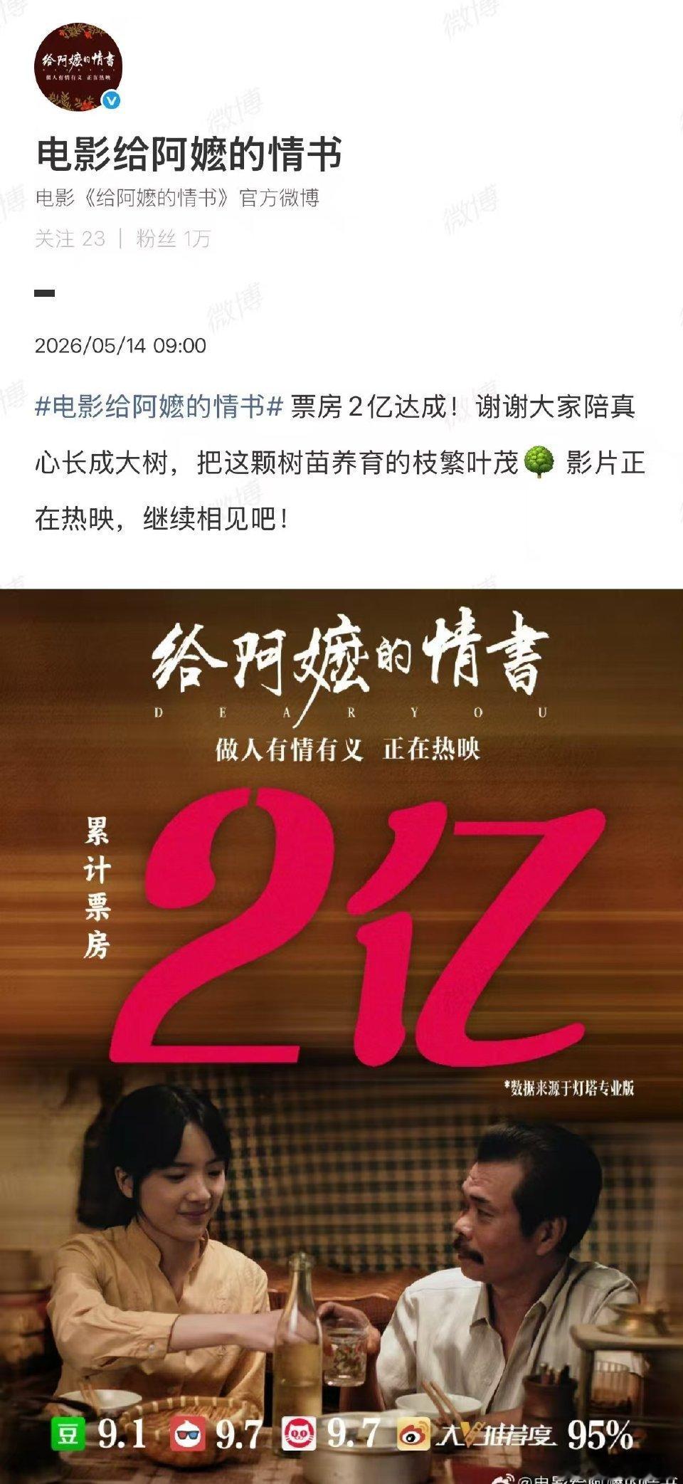 【多位明星力挺给阿嬷的情书】韩寒陈妍希孙艺洲推荐给阿嬷的情书近日，电影《给阿嬷的