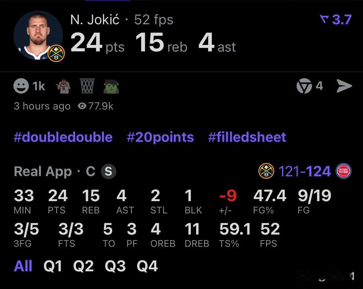 只要约基奇没罚球必输！
刚刚，掘金121比124不敌活塞！

这是约基奇复出之后