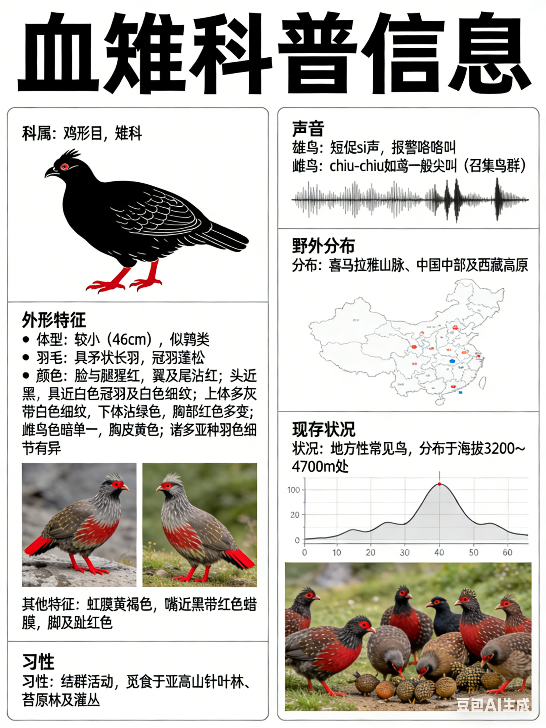 鸟类朋友图鉴 血雉·科属：鸡形目，雉科。·外形特征：体型较小（46cm），似鹑类